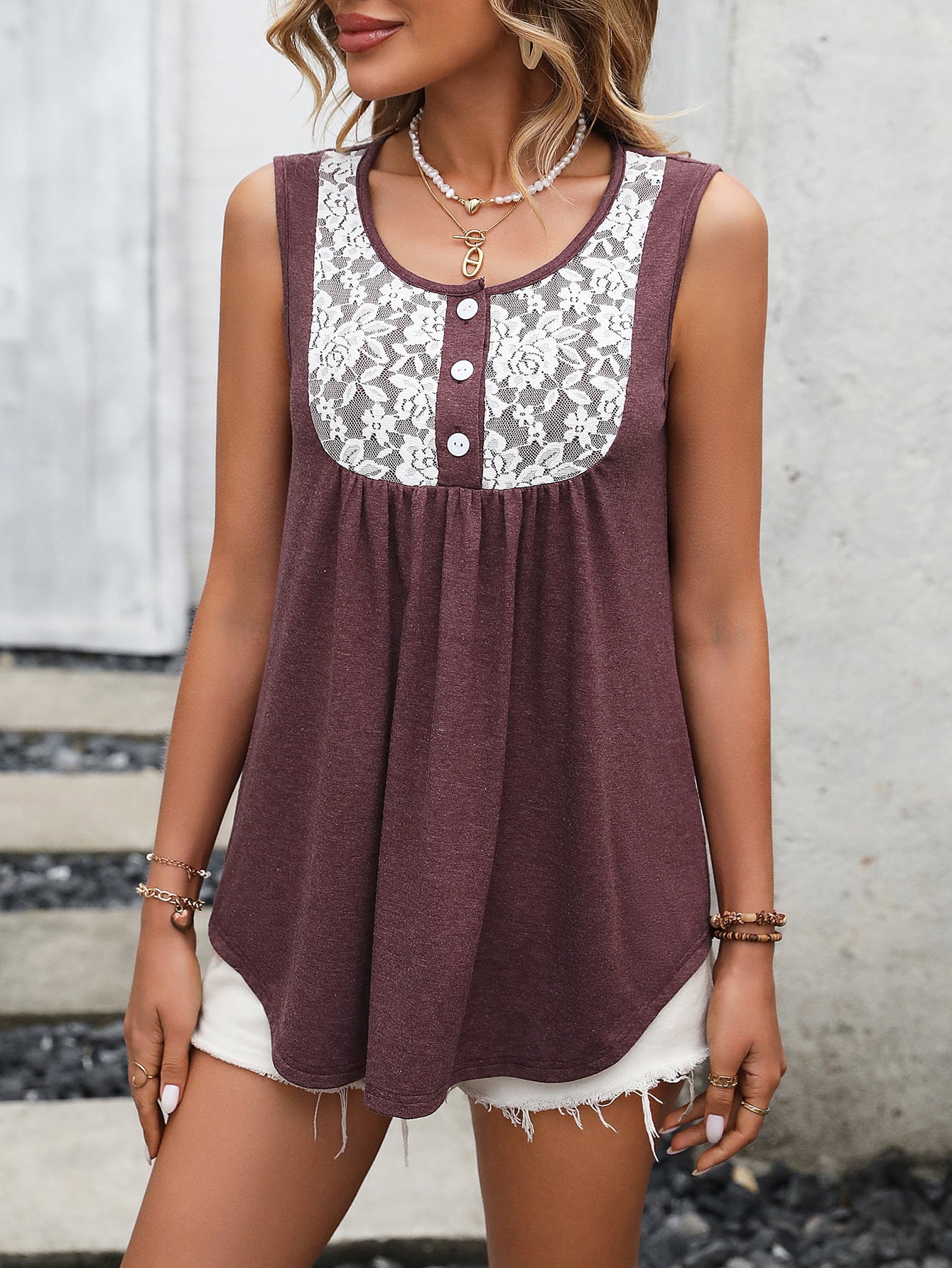 Lace Contrast Scoop Neck Tank - Online Only
