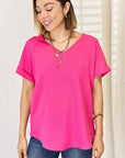 Zenana V-Neck Rolled Short Sleeve T-Shirt