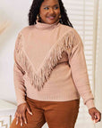 Woven Right Turtleneck Fringe Front Long Sleeve Sweater