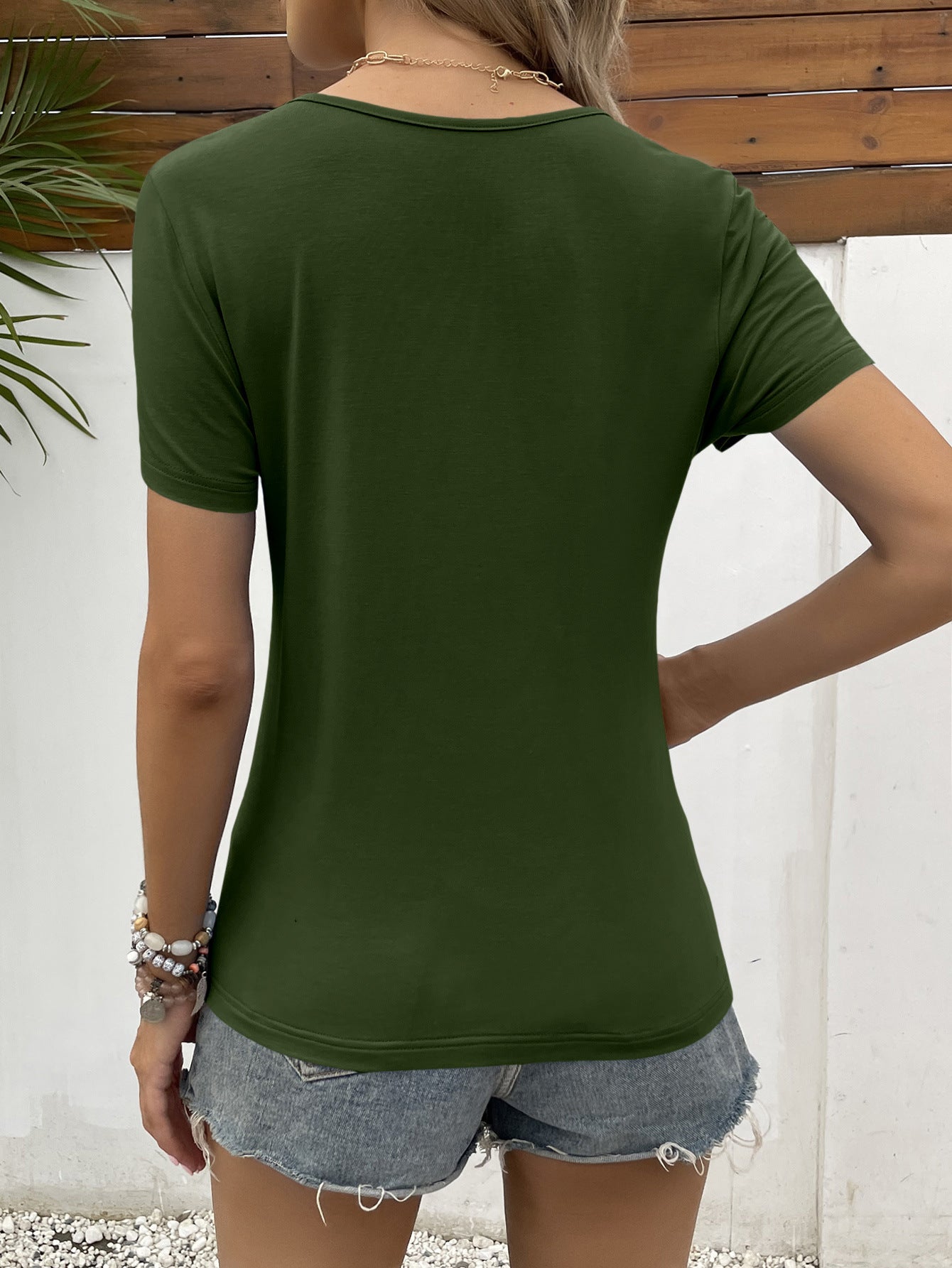 Lace Trim V-Neck Short Sleeve Blouse - Online Only