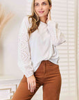 Double Take Eyelet Dropped Shoulder Round Neck Blouse