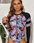 Botanical Print Zip Up Long Sleeve One-Piece Swimsuit - Online Only