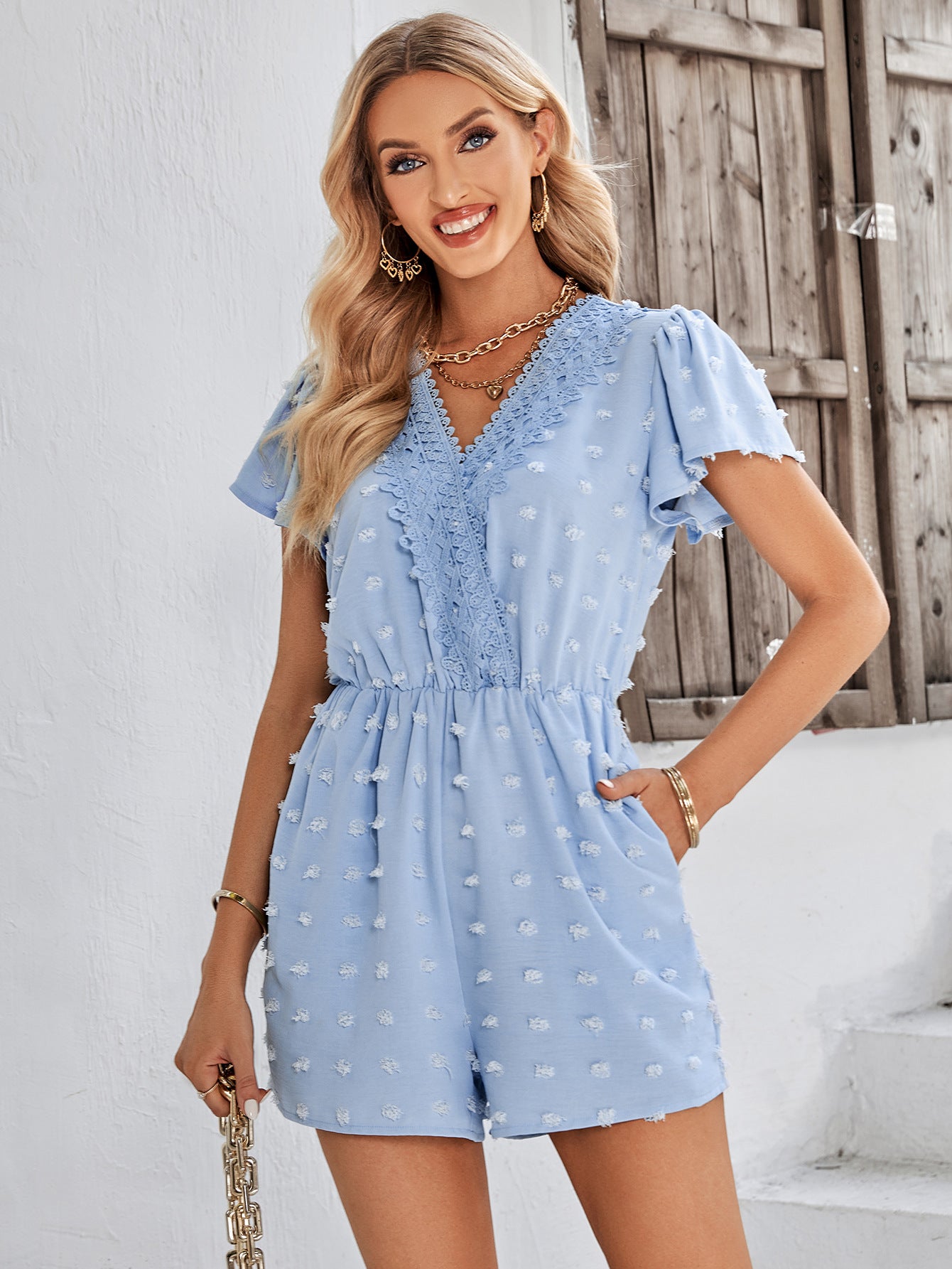 Swiss Dot Lace Trim Flutter Sleeve Romper with Pockets - Online Only