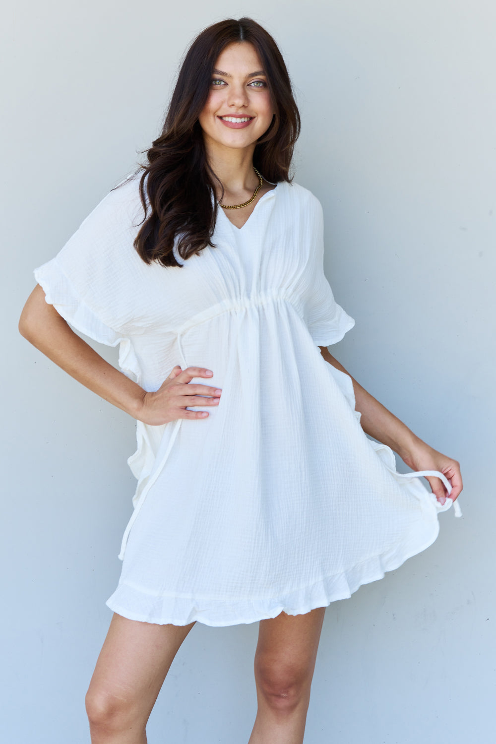 Ninexis Out Of Time Ruffle Hem Dress with Drawstring Waistband in White - Online Only