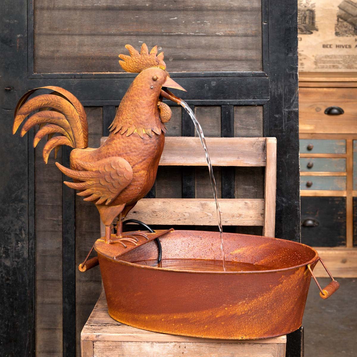 Folk Art Rooster Fountain- Online Only
