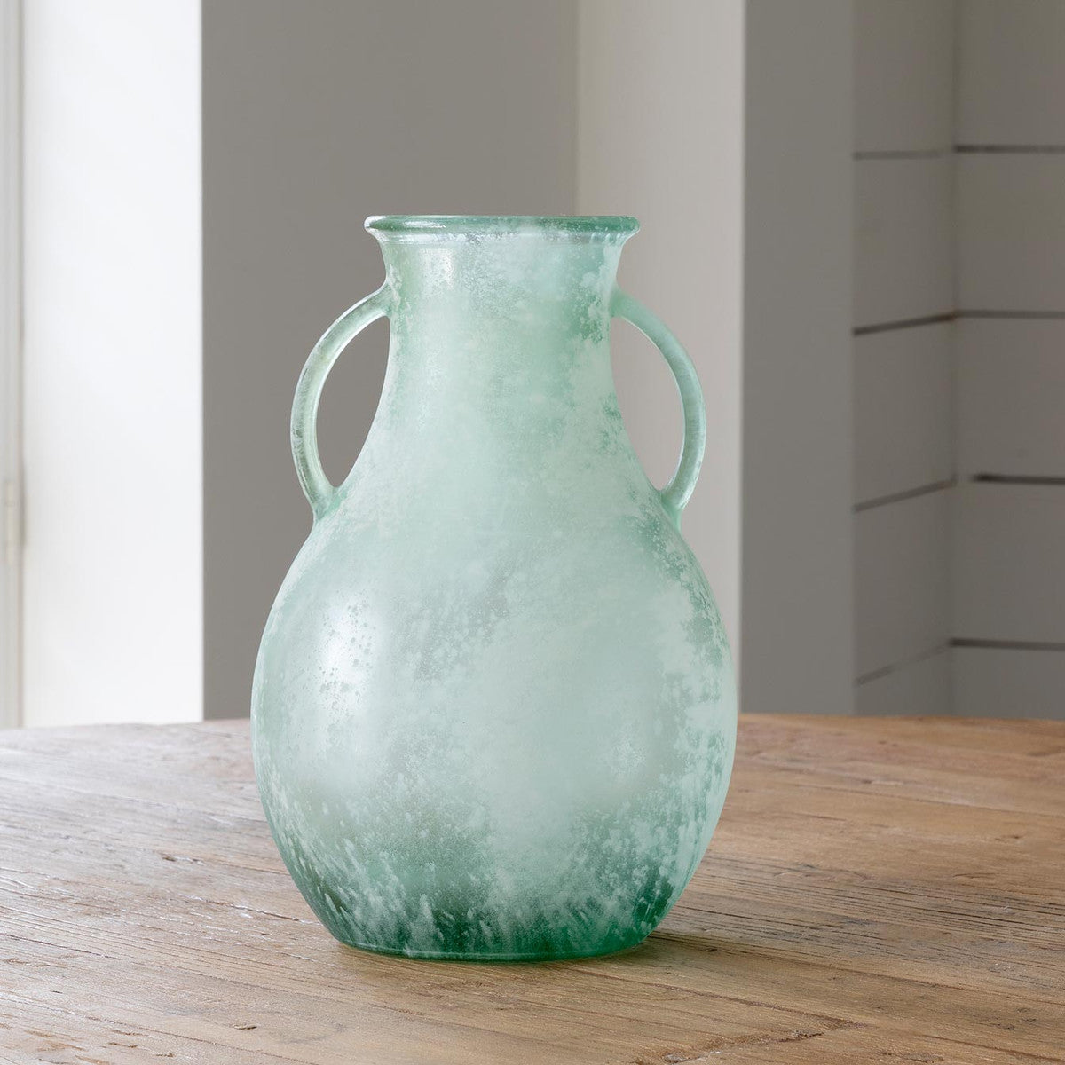 Glass Vase with Handles, Frosted Seafoam, Large - Online Only