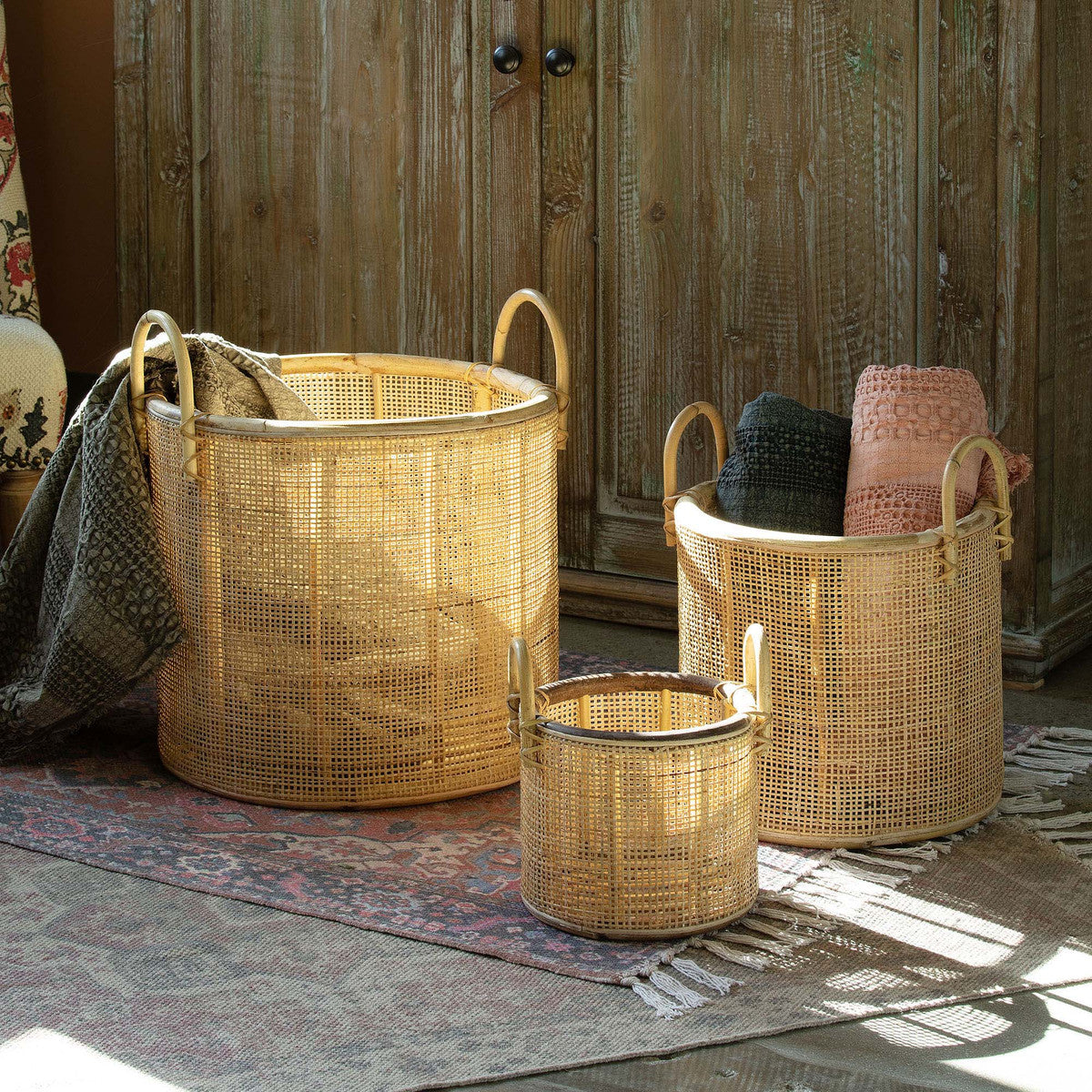 Woven Rattan Baskets with Handles, Set of 3- Online Only