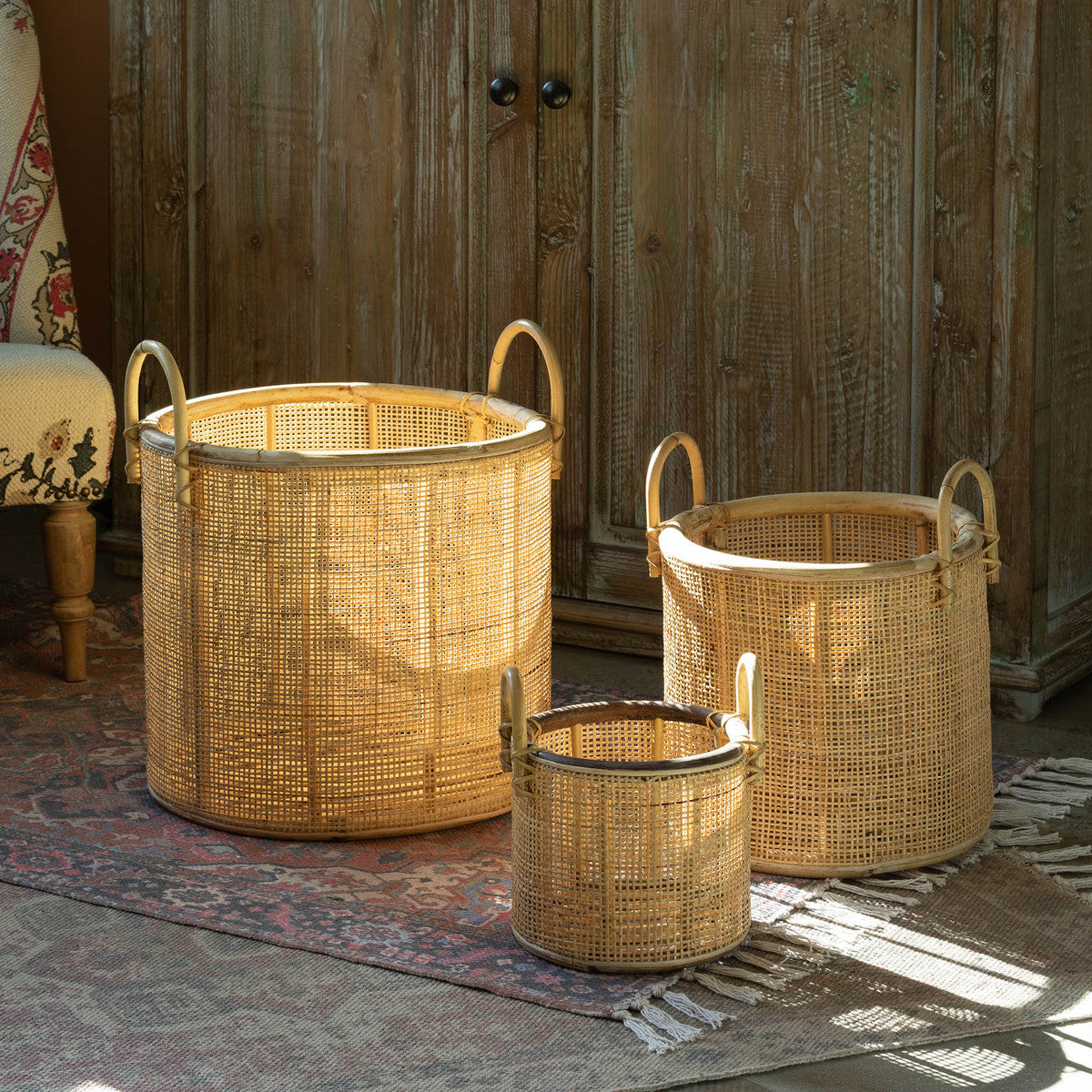 Woven Rattan Baskets with Handles, Set of 3- Online Only