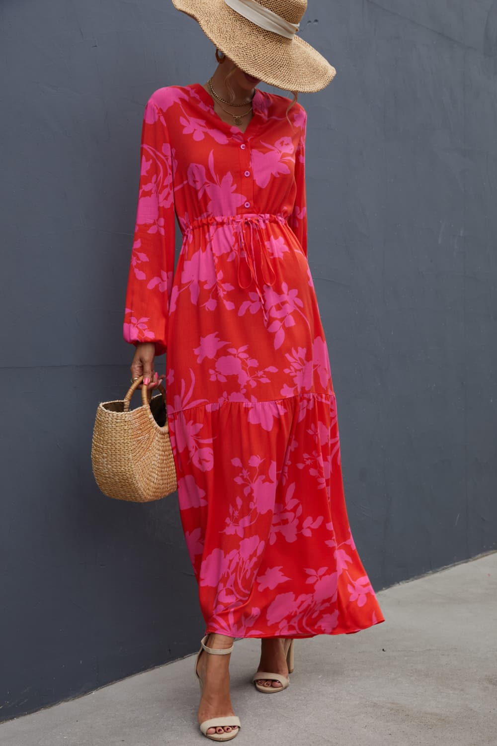 Floral Drawstring Waist Long Sleeve Dress - Online Only