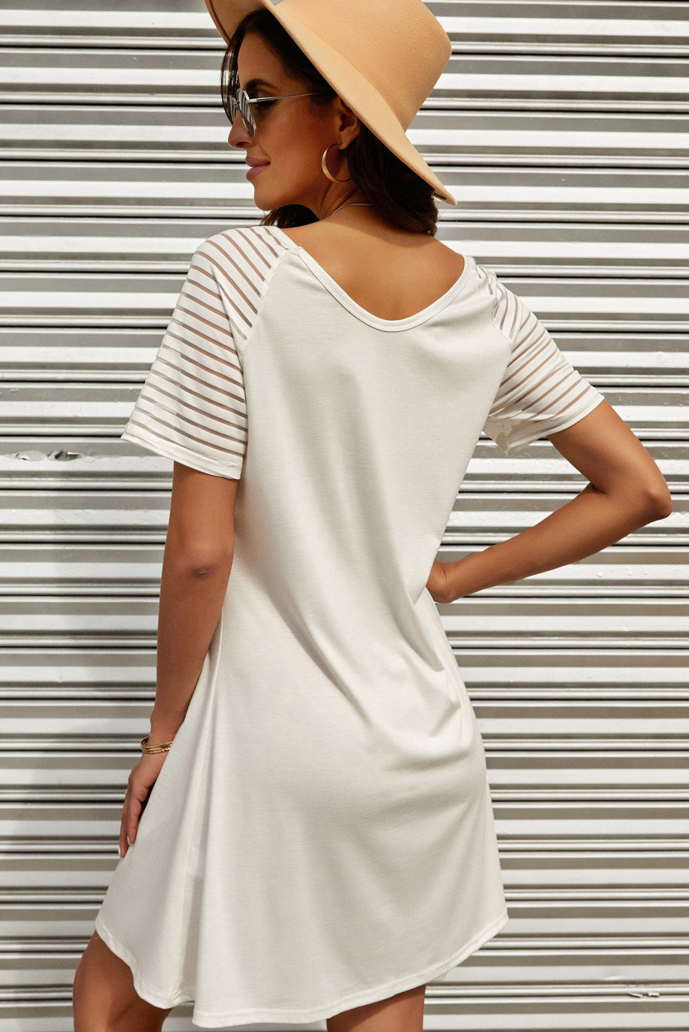 Sheer Striped Raglan Sleeve T-Shirt Dress - Online Only