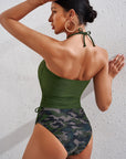 Drawstring Ruched Halter Neck Swim Top and Camouflage Bottoms Set - Online Only