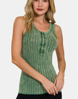 Zenana Washed Ribbed Half Snap Henry Tank