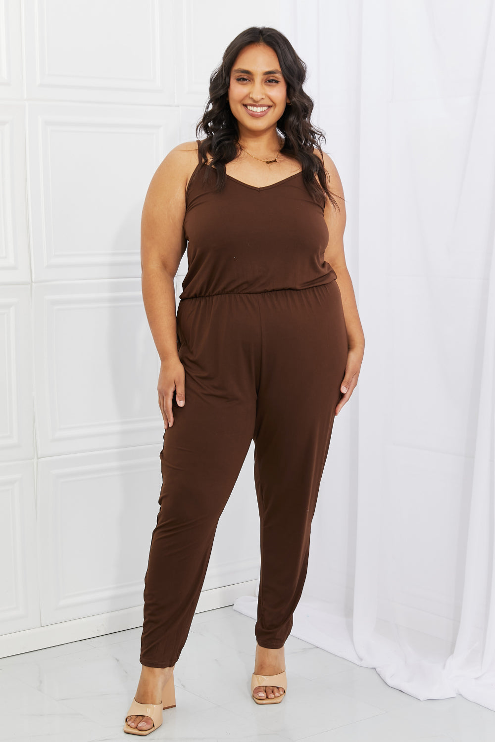 Capella Comfy Casual Solid Elastic Waistband Jumpsuit in Chocolate - Online Only