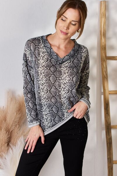 Hailey &amp; Co Full Size Snakeskin V-Neck Long Sleeve Top