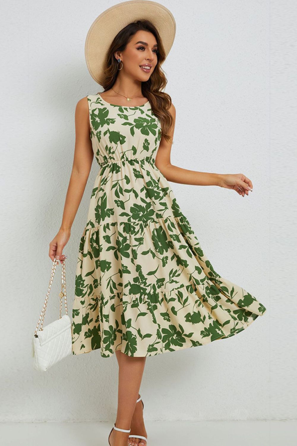 Floral Round Neck Tiered Sleeveless Dress - Online Only