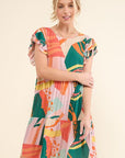 And The Why Printed Double Ruffle Sleeve Dress