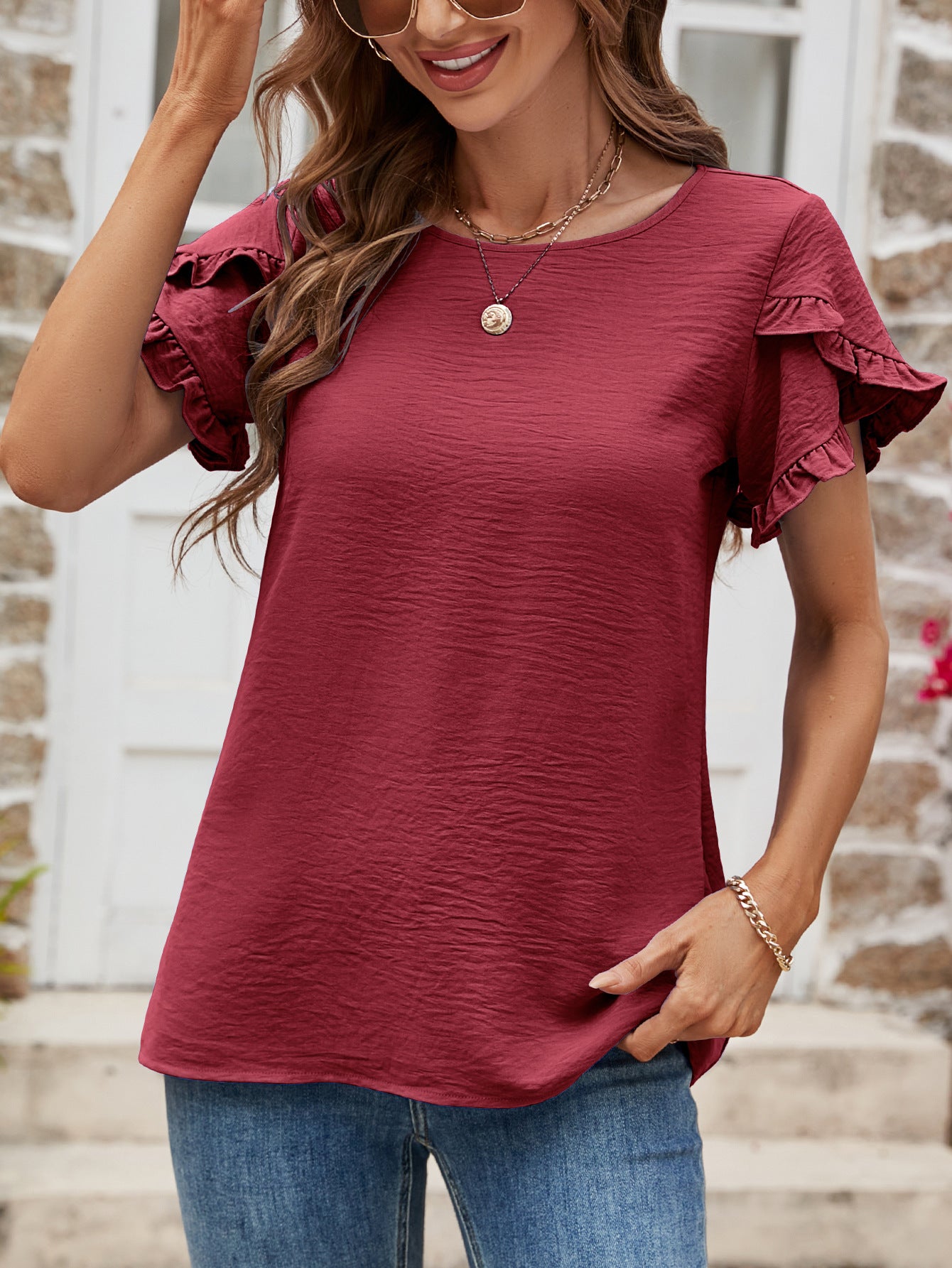 Textured Petal Sleeve Round Neck Tee - Online Only
