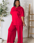 Double Take Full Size Round Neck Slit Top and Pants Set