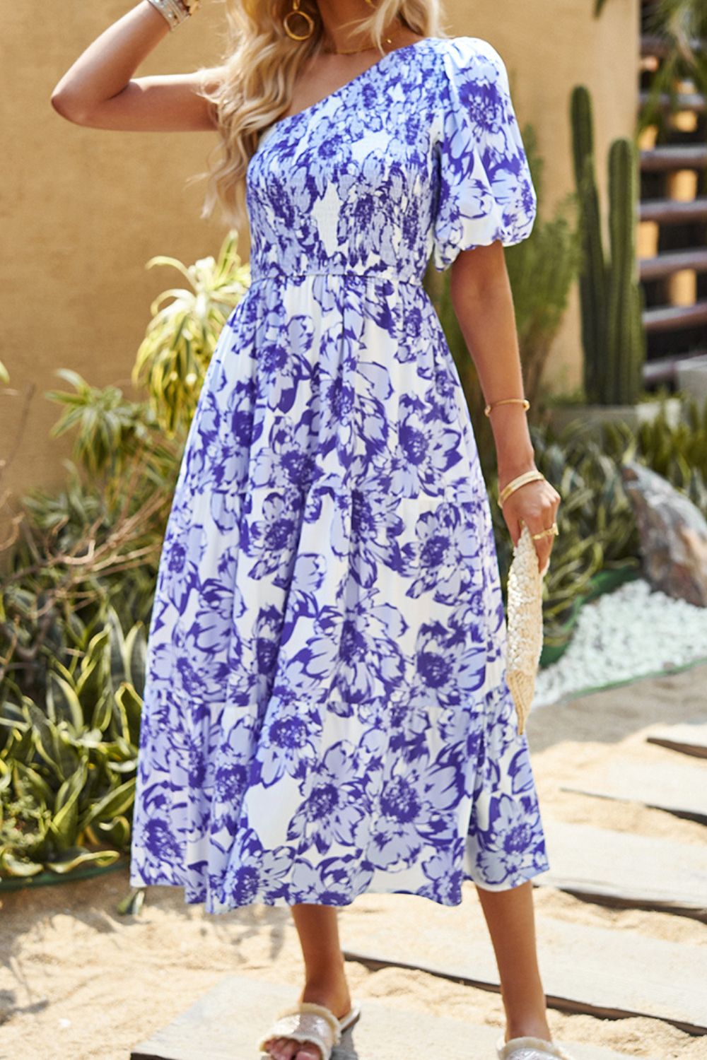 Floral One-Shoulder Smocked Midi Dress - Online Only