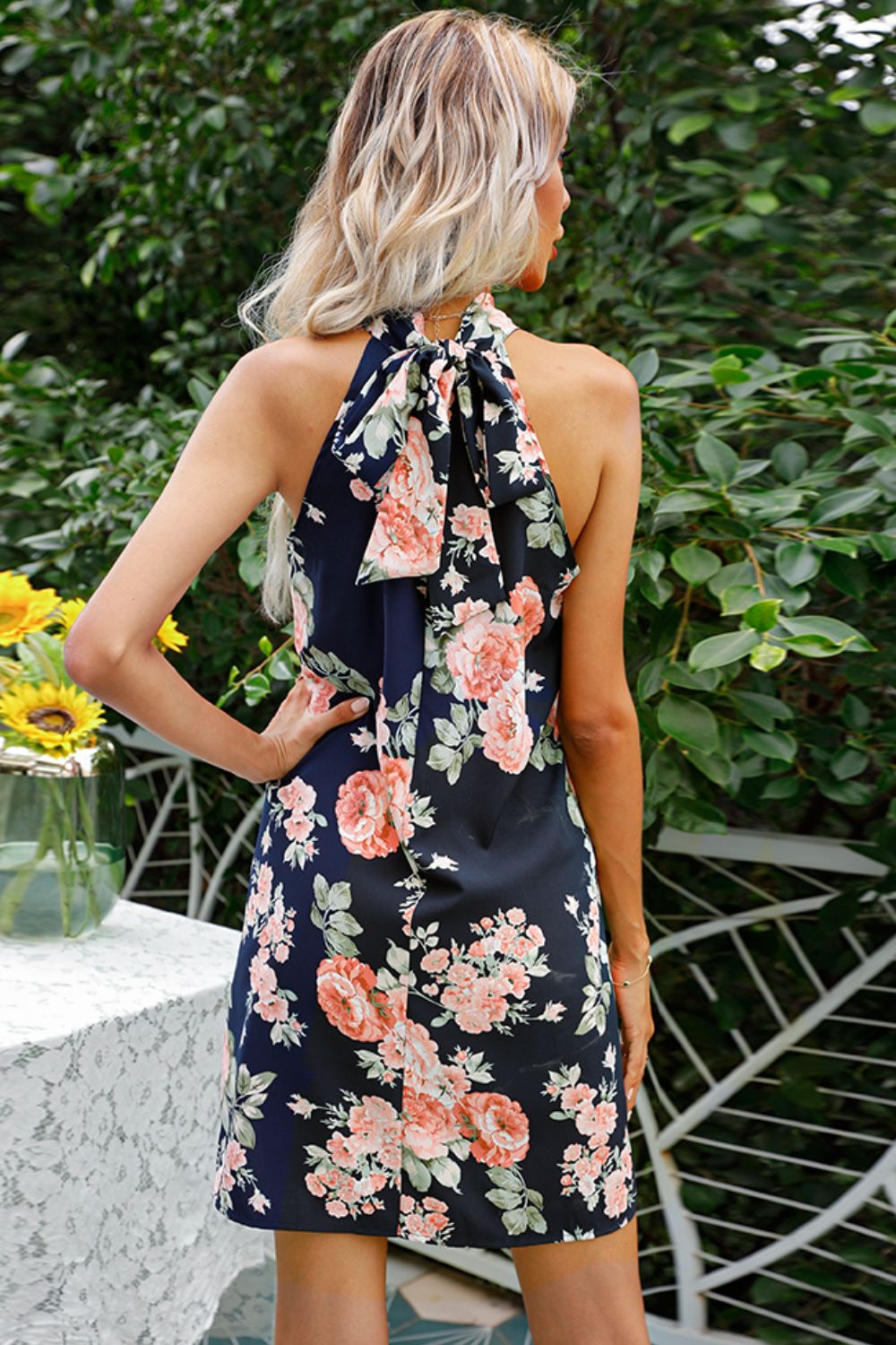 Floral Tied Sleeveless Grecian Neck Mini Dress - Online Only