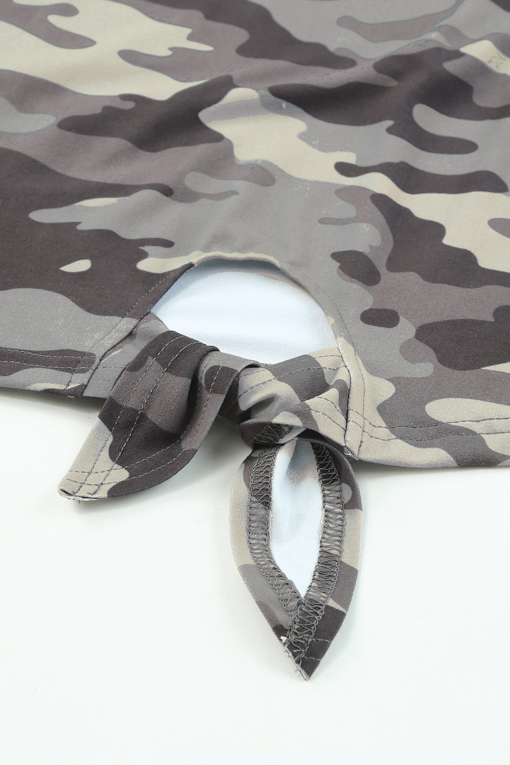 Camouflage Print Round Neck Tie Hem Tee - Online Only