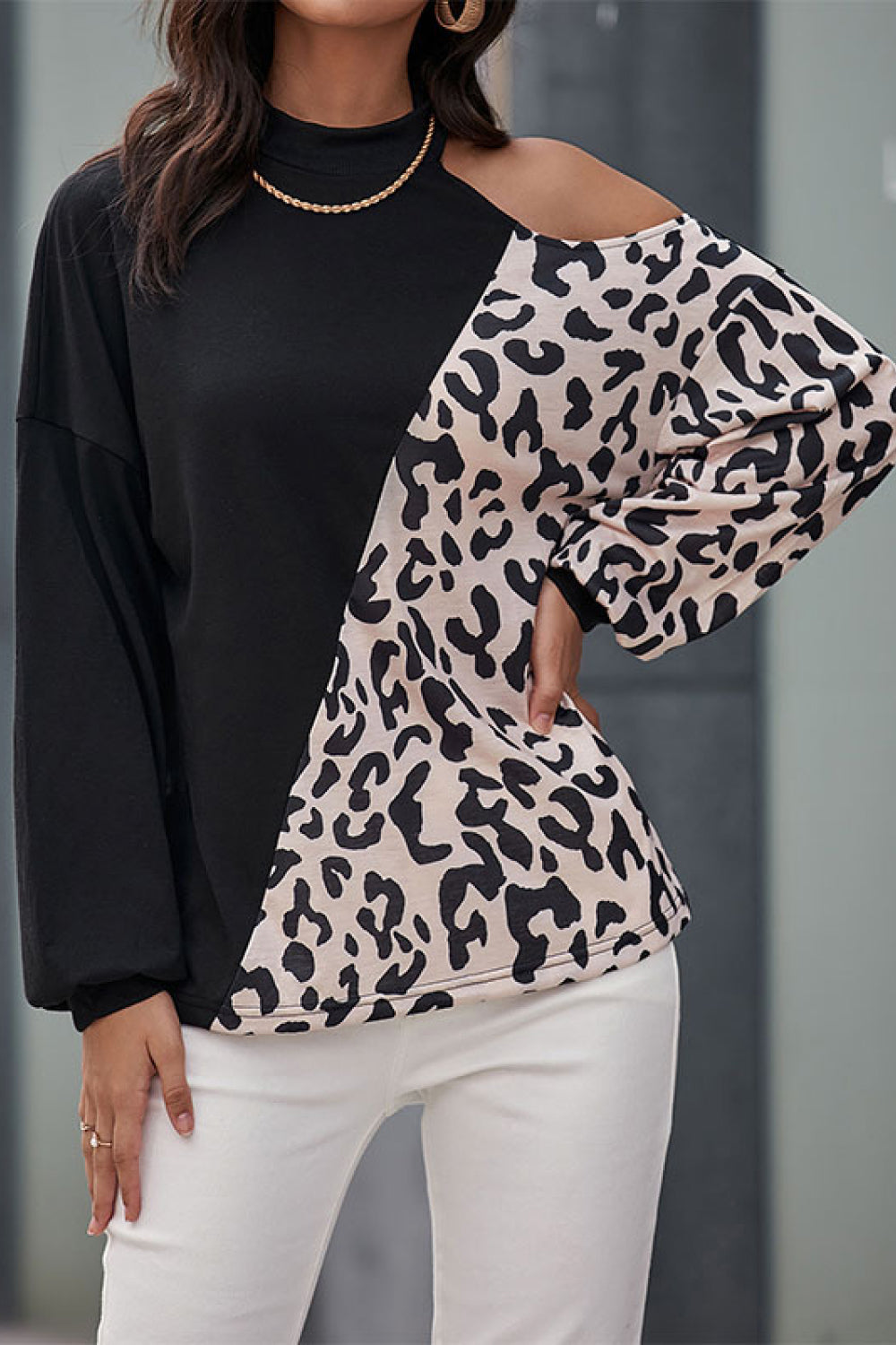 Two-Tone Leopard Cold Shoulder Top - Online Only