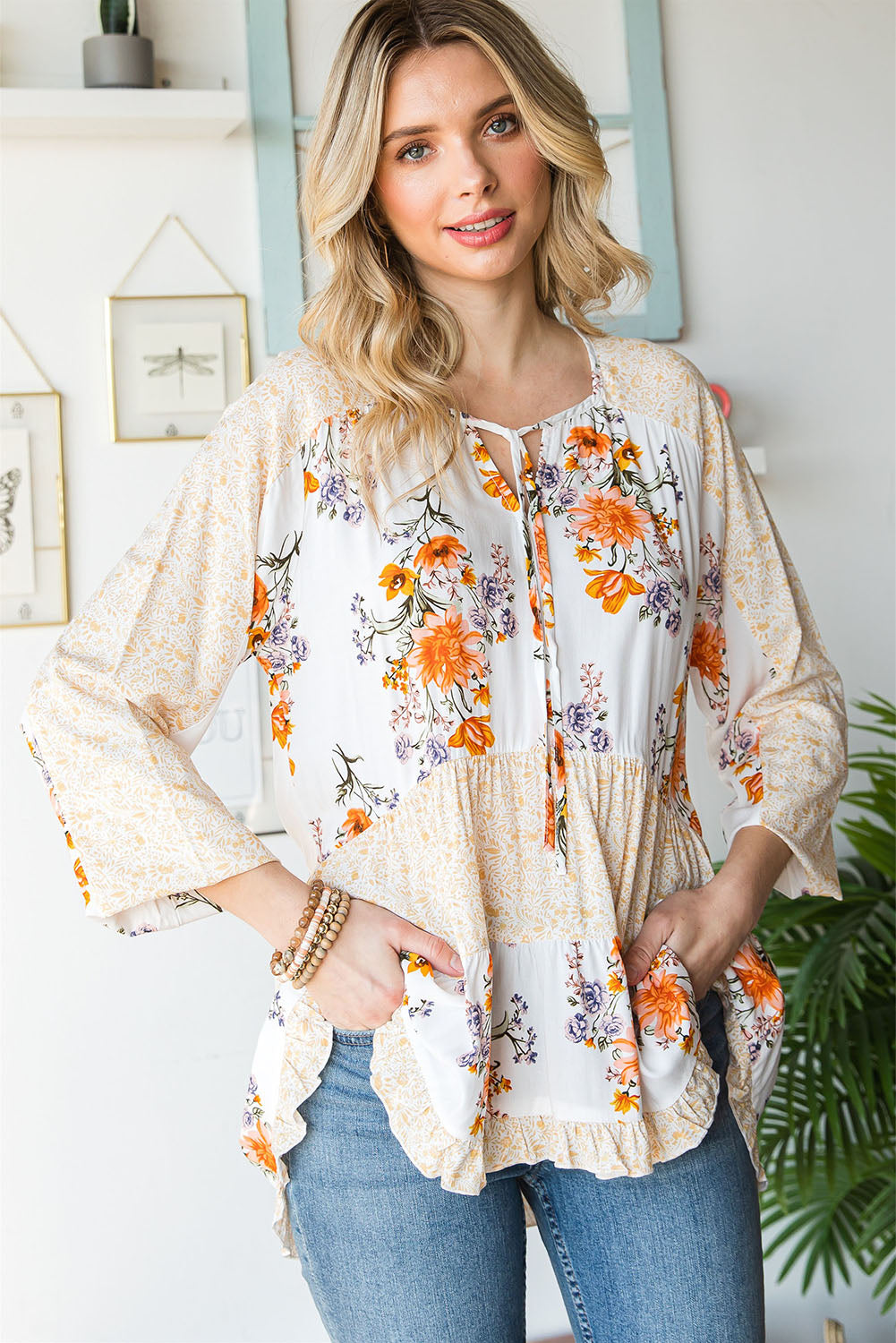 Floral Tie Neck Tiered Blouse - Online Only