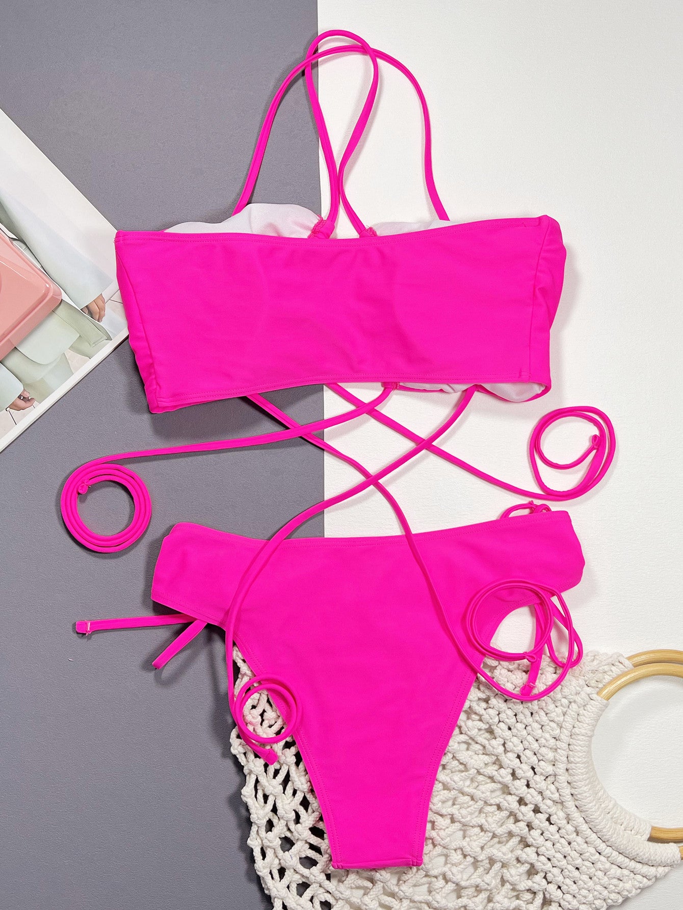 Halter Neck Drawstring Detail Bikini Set - Online Only