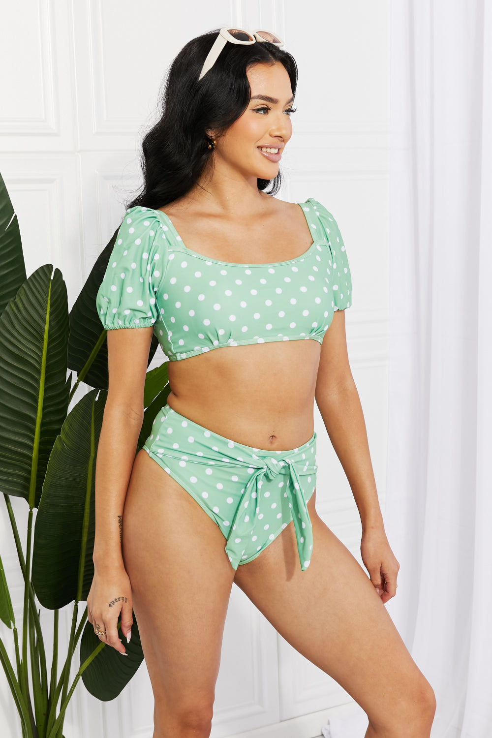 Marina West Swim Vacay Ready Puff Sleeve Bikini in Gum Leaf - Online Only