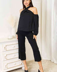 Double Take Grecian Cold Shoulder Long Sleeve Blouse