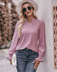 Eyelet Notched Neck Flounce Sleeve Blouse - Online Only