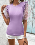 Polka Dot Flounce Sleeve Round Neck Top - Online Only