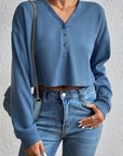Cropped V-Neck Raglan Sleeve Buttoned Blouse - Online Only