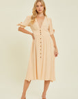 HEYSON Full Size Textured Linen V-Neck Button-Down Midi Dress