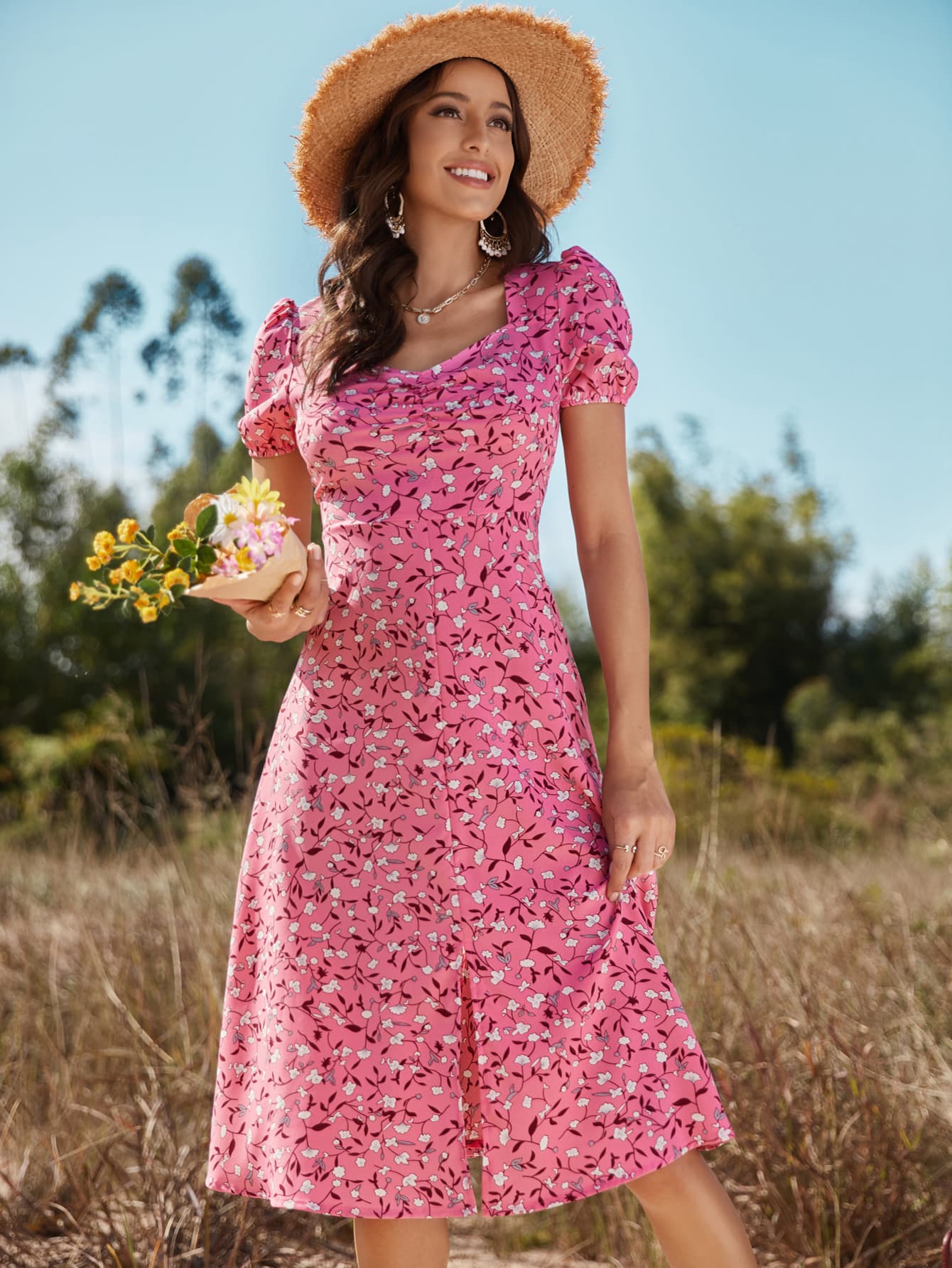 Floral Ruched Front Slit Dress - Online Only