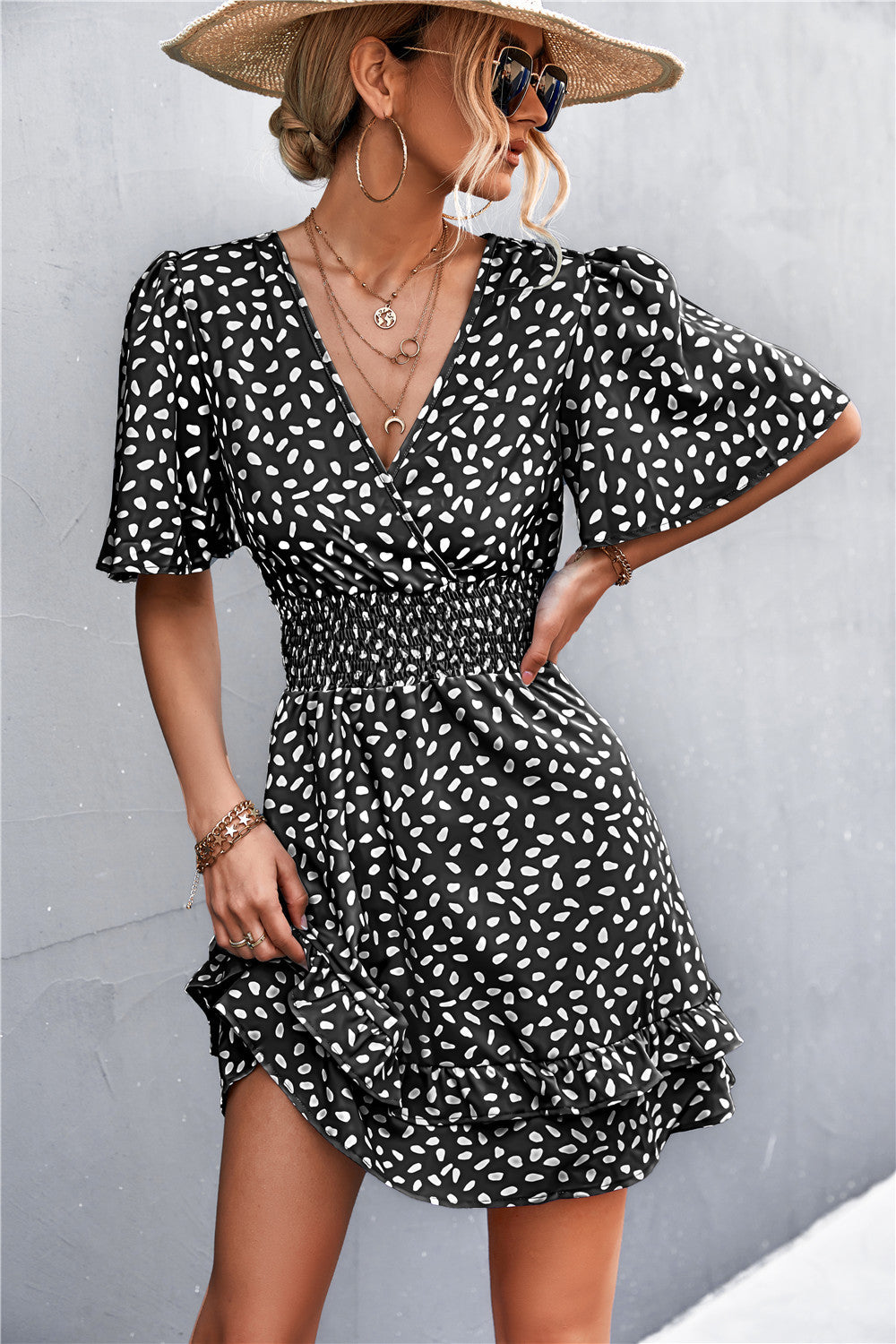 Printed Smocked Waist Layered Surplice Dress - Online Only