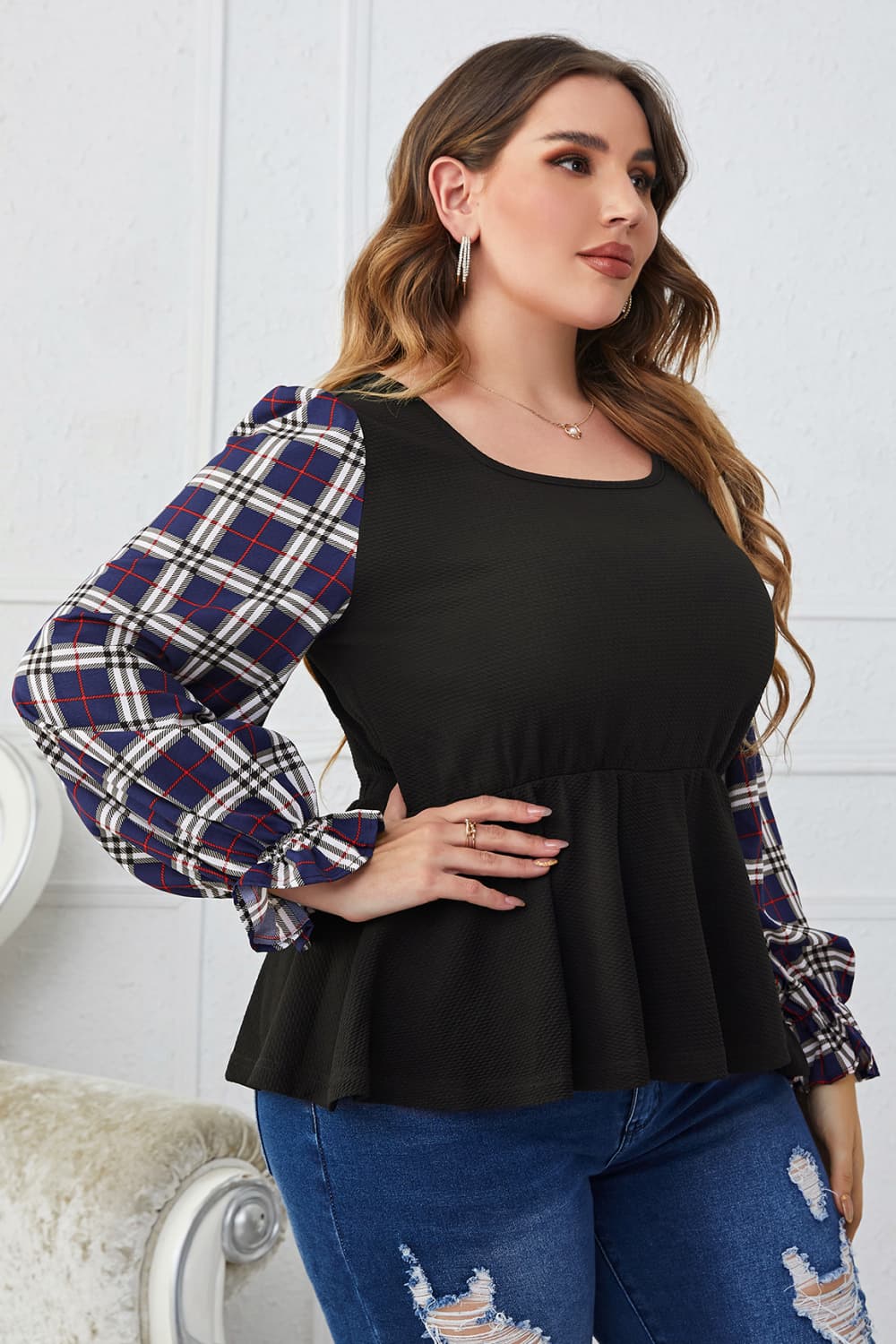 Plus Size Plaid Print Square Neck Ruched Blouse - Online Only
