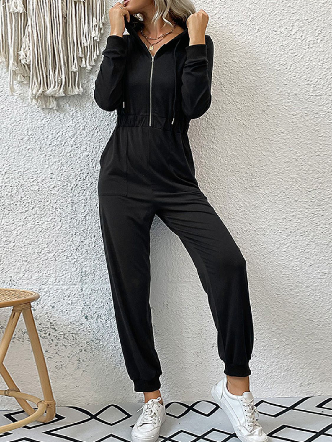 Zip Up Elastic Waist Hooded Jogger Jumpsuit - Online Only