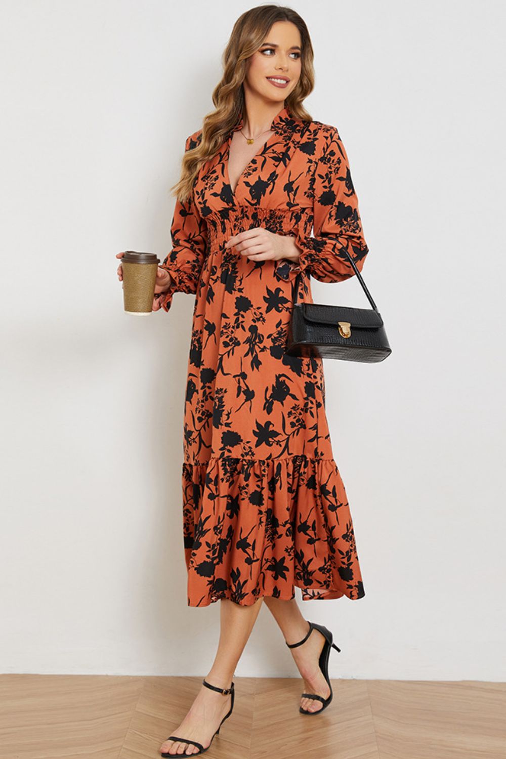 Floral Smocked Long Flounce Sleeve Dress - Online Only