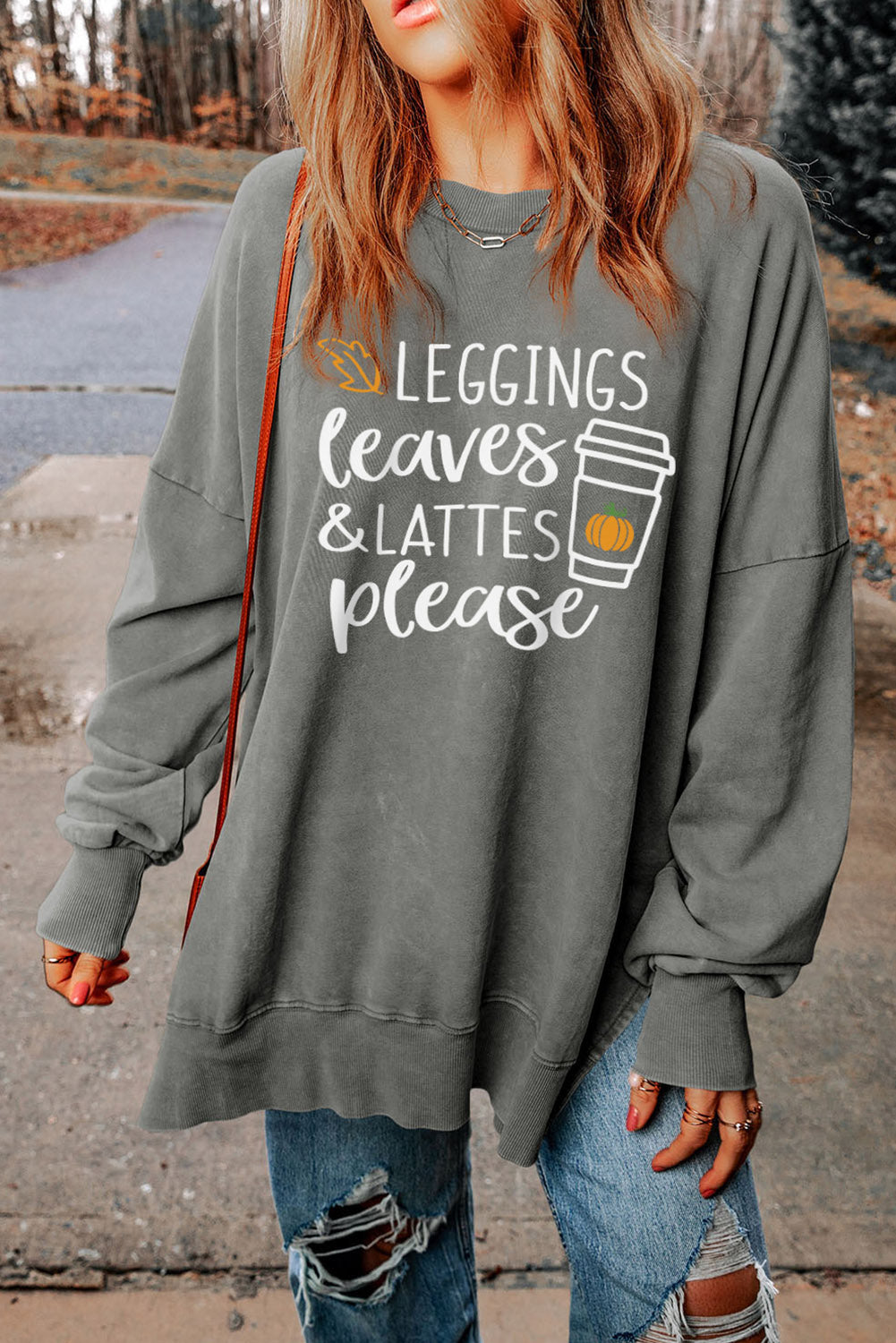 Round Neck Dropped Shoulder LEGGINGS LEAVES LATTES PLEASE Graphic Sweatshirt - Online Only