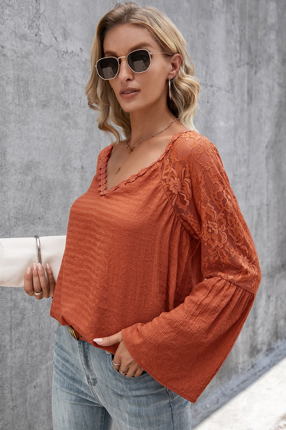 V-Neck Spliced Lace Flare Sleeve Top - Online Only