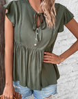 Buttoned Tie Neck Flutter Sleeve Babydoll Top - Online Only