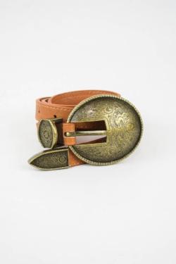 Oval Embossed Vintage Buckle Belt Bracelet - Camel