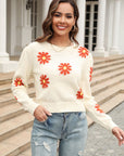 Flower Pattern Round Neck Short Sleeve Pullover Sweater - Online Only