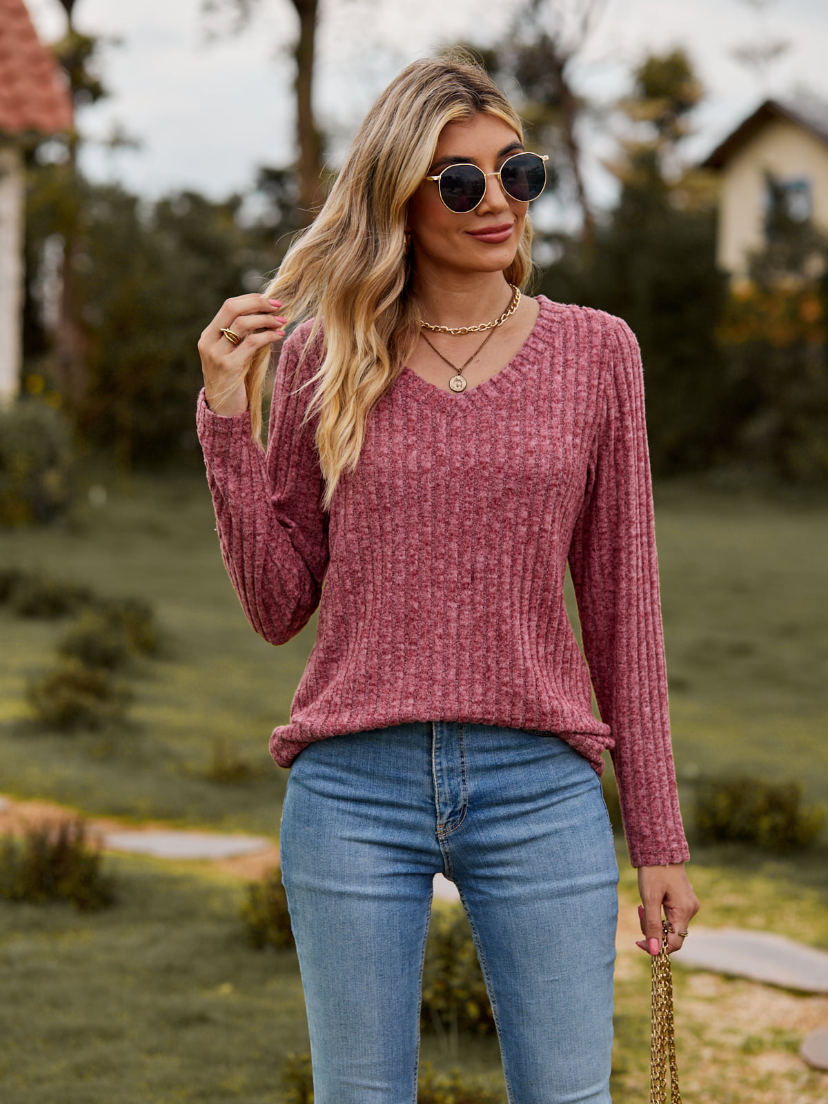 Ribbed V-Neck Long Sleeve Tee - Online Only