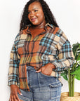 Double Take Plaid Curved Hem Shirt Jacket with Breast Pockets