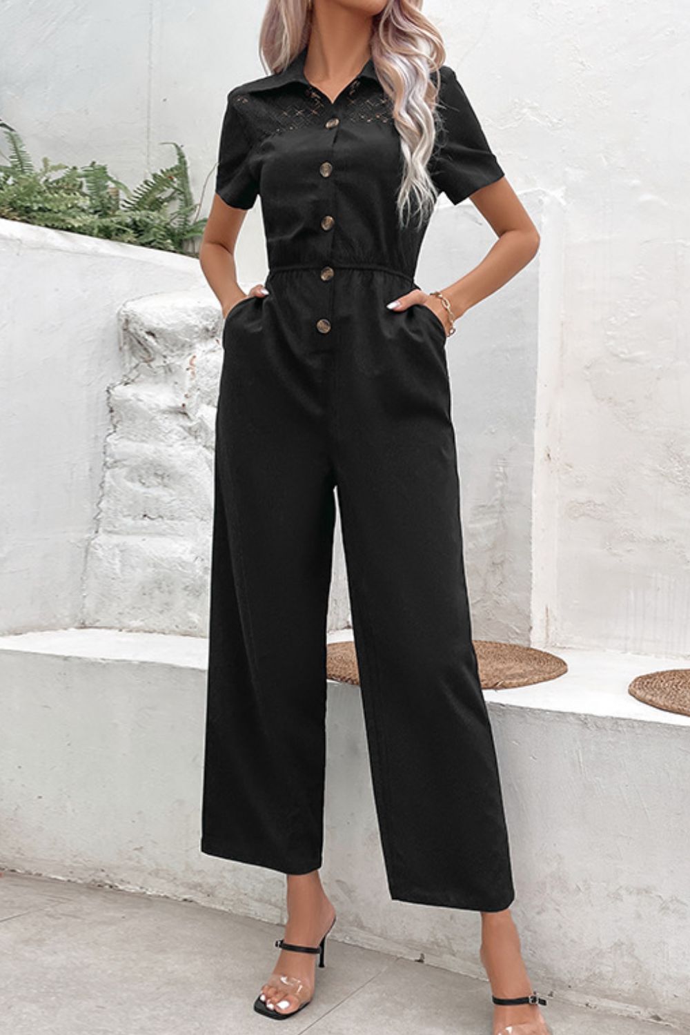 Collared Neck Short Sleeve Jumpsuit - Online Only