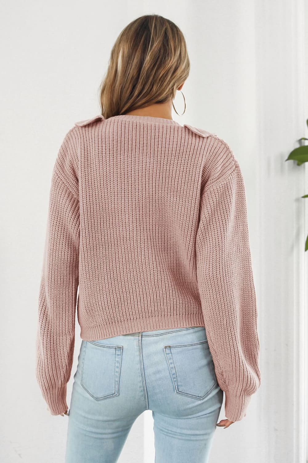 Ruffle Trim Button-Down Dropped Shoulder Sweater - Online Only