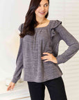 Double Take Square Neck Ruffle Shoulder Long Sleeve T-Shirt