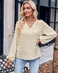 Swiss Dot Notched Neck Long Sleeve Blouse - Online Only